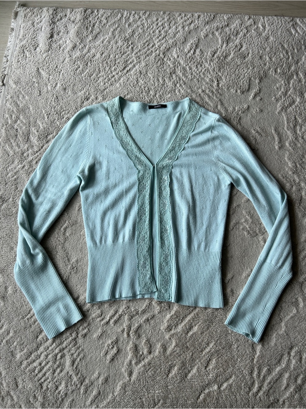 Flirty & Feminine Mint Green Pointelle Cardigan by Majora